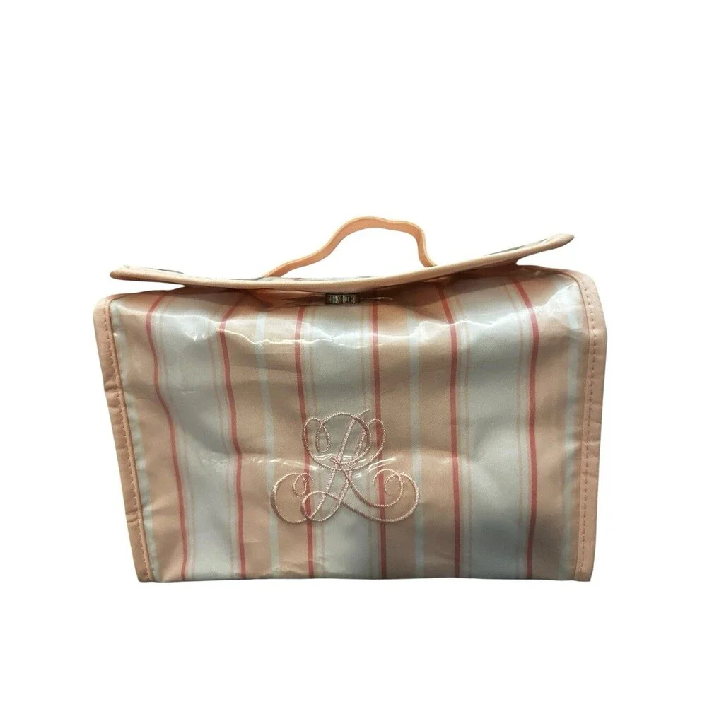 Ralph Lauren Vintage RLL Makeup Bag Embroidered Logo Striped Zip Travel Cosmetic